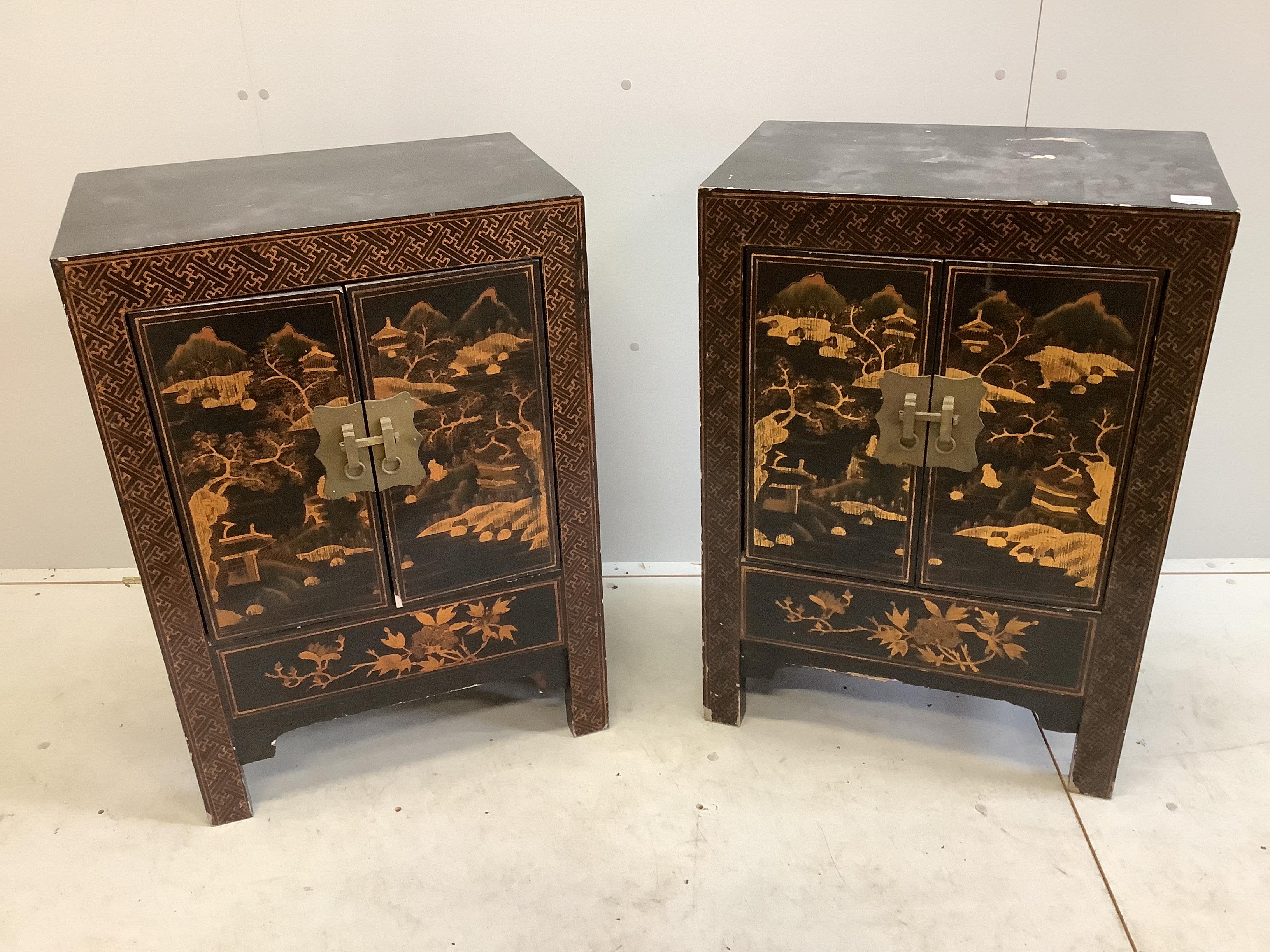 A pair of Chinese lacquer side cabinets, width 59cm, depth 38cm, height 84cm